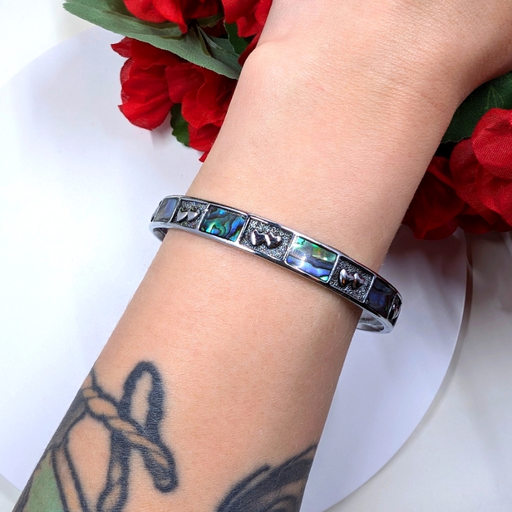 Abalone Shell Inlay Overlapping Hearts Vintage Silver Plated Bangle Bracelet